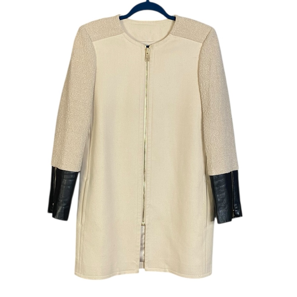 Club Monaco Cream Wool Blend Leather Cuff Pea Coat Women's Small - Picture 2 of 8